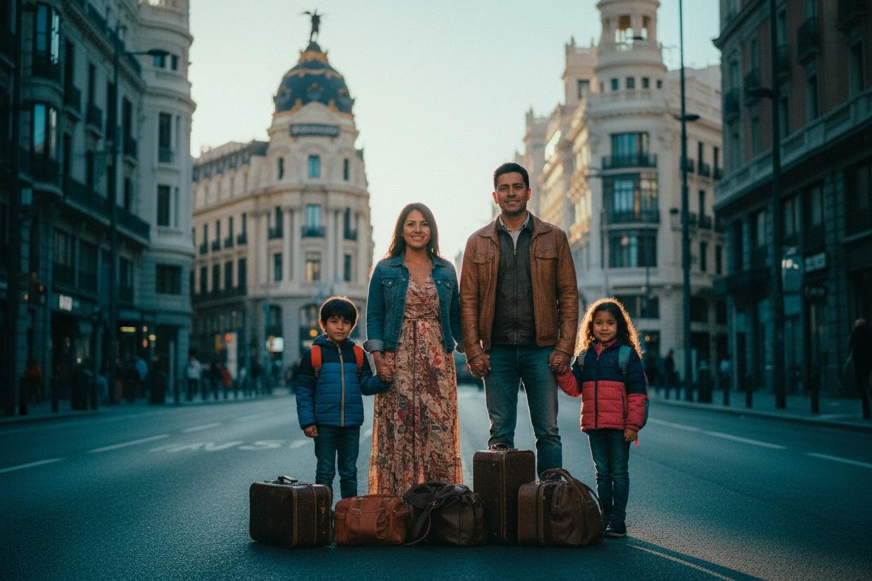A mother, father, and two children with suitcases on Gran Vía in Madrid