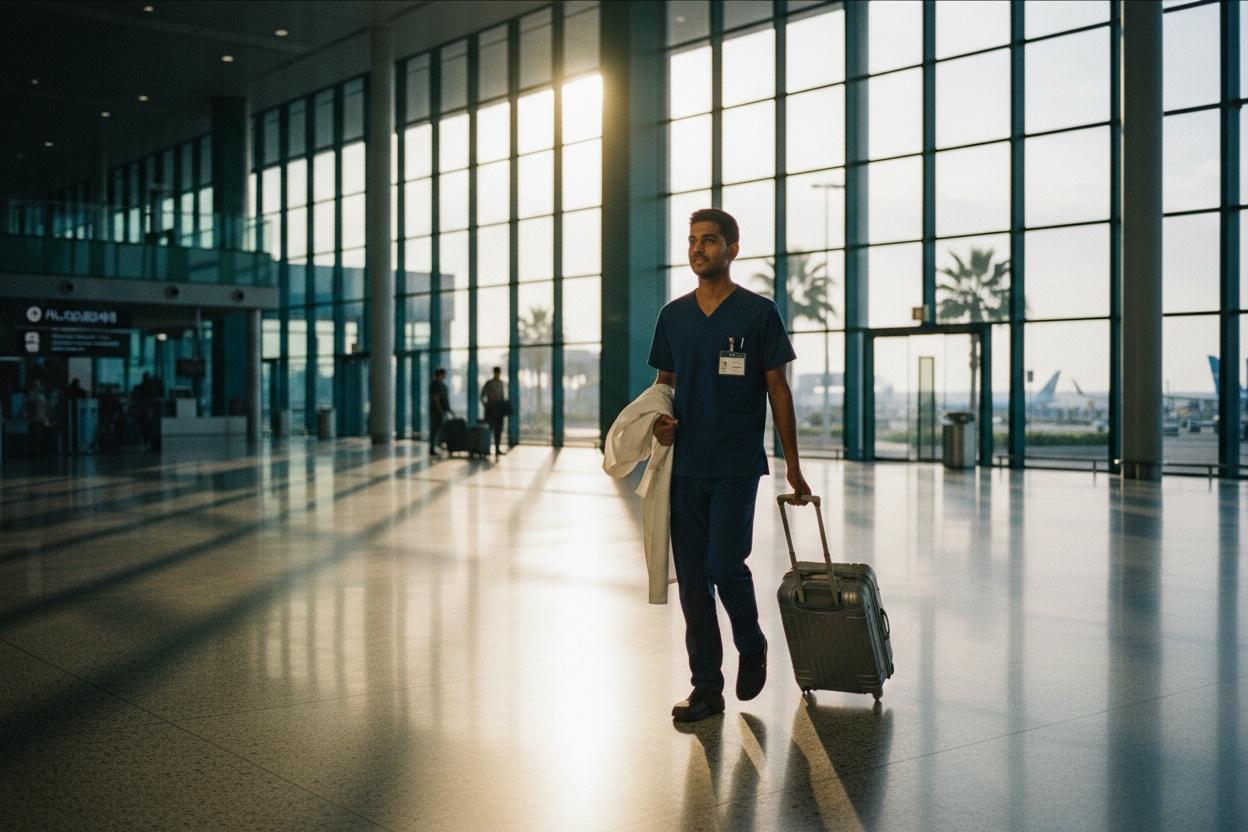 A nurse walking through a bright airport arrivals hall with a suitcase